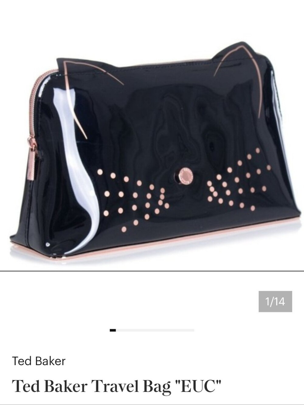 NWOT Ted Baker Black Patent Cat-Ear Cosmetic Pouch with Rose Gold Accents